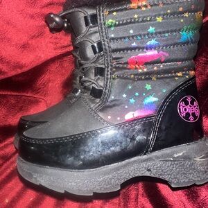 totes Black Kids Winter Boots with Rainbow Unicorns